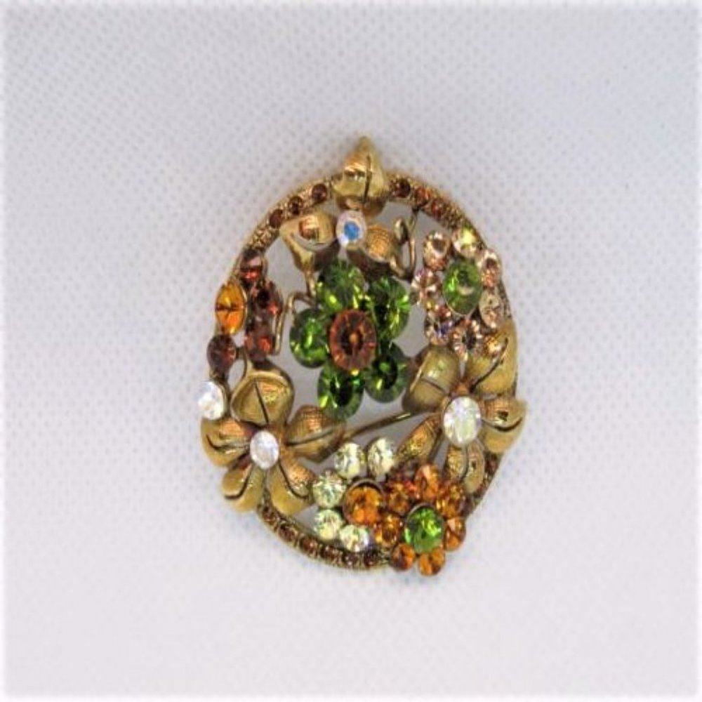 Victorian Mourning Flowers Rhinestone Brooch